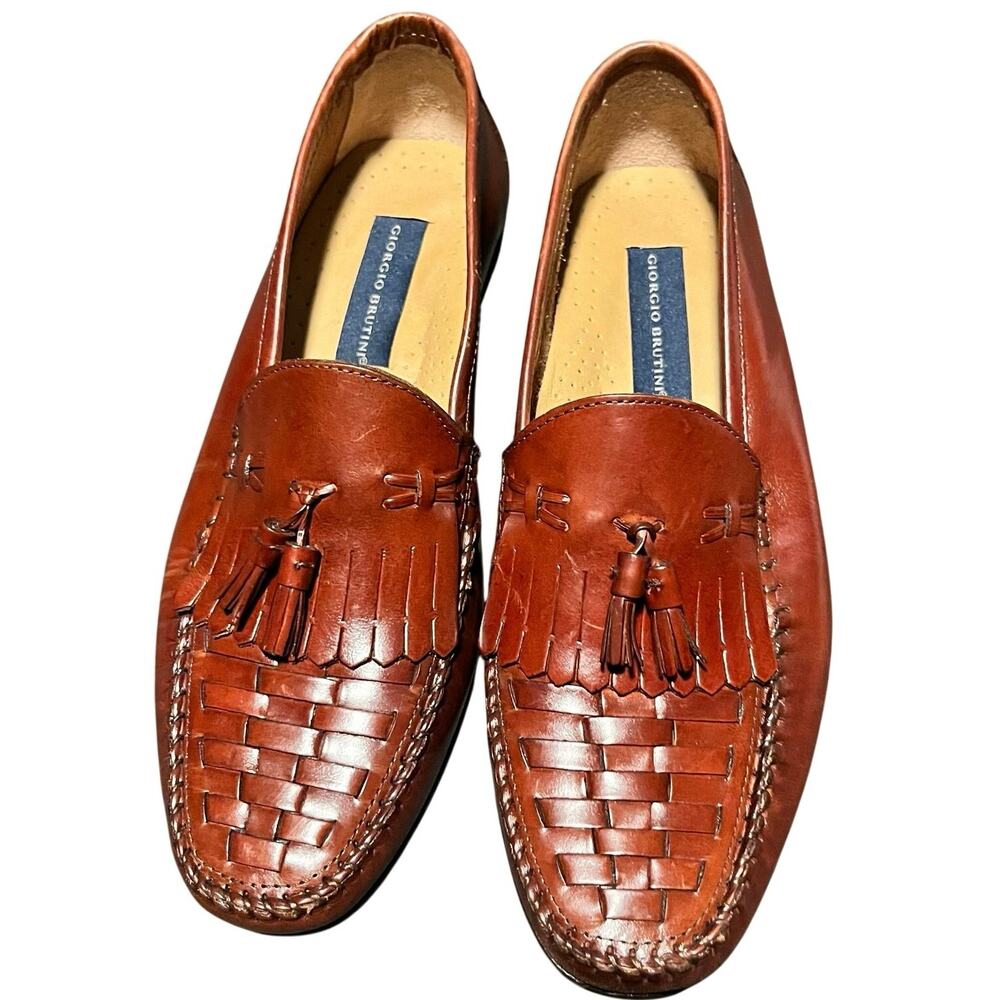 Giorgio Brutini Mens Vegas Woven Leather Kiltie Tassel Loafers Size 9.5 Cognac